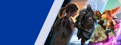 Image composite présentant des illustrations principales de The Last of Us Part I, God of War Ragnarok et Ratchet & Clank: Rift Apart.