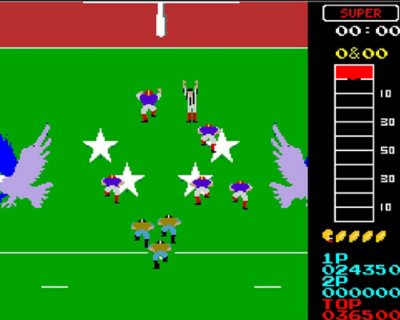 Captura de ecrã de jogabilidade de 10-Yard Fight, com duas equipas num campo de futebol americano.