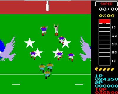 Gameplay-screenshot van 10-Yard Fight met twee teams op een football-veld.