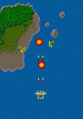 1942 gameplay screenshot showing a bi-plane fire directly ahead as it flies over a body of water.