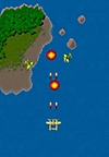1942 gameplay screenshot showing a bi-plane fire directly ahead as it flies over a body of water.