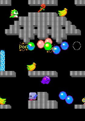 Bubble Bobble – snímek obrazovky ze hry, na kterém hlavní postava Bubblun prochází hranatým prostředím hradu