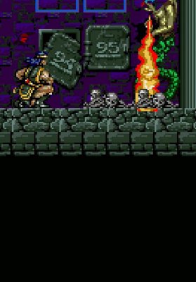 Gameplay-screenshot van Haunted Castle met een gehurkte strijder in een kasteel.