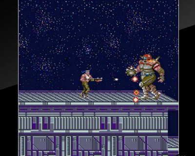 Contra screenshot featuringa single soldier in combat with a large humanoid alien on a building rooftop.