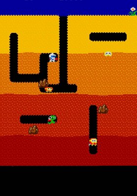 Captura de ecrã de jogabilidade de Dig Dug, com vários monstros em túneis subterrâneos escurecidos.