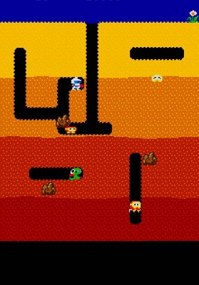 Dig Dug – skärmbild med ett antal monster i mörka underjordiska tunnlar.