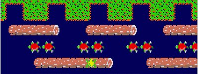  《Frogger》游戏截屏，展示了一只青蛙正在穿越充满浮木与水龟的河流。
