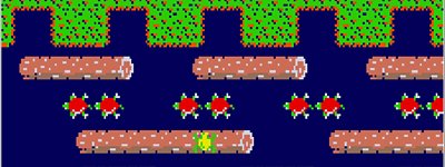  Frogger 게임플레이 스크린샷, 떠 있는 통나무와 테라핀으로 가득 찬 강을 건너는 개구리.