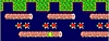  《Frogger》游戏截屏，展示了一只青蛙正在穿越充满浮木与水龟的河流。