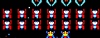  Captura de pantalla del juego Galaga con múltiples sprites pixelados sobre un fondo negro.