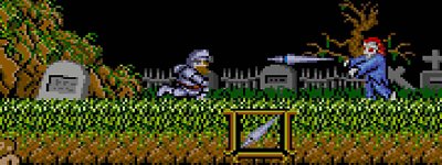 Gameplay-screenshot van Ghost 'n Goblins met een ridder die op een begraafplaats tegen een monster vecht.