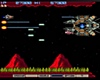 《Gradius》游戏截屏，展示了在外星世界上空，一艘太空船正在与一艘大型战舰作战。
