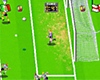 Super Sidekicks gameplay screenshot featuring a goal keeper and several strikers mid-game.