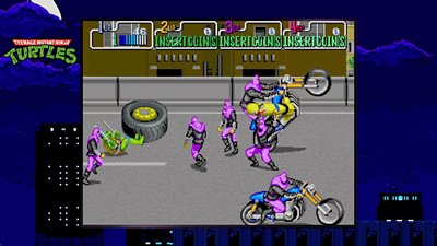 《忍者神龟》游戏截屏，展示了城市背景中的大批大脚帮武士。