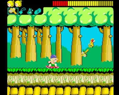 Captura de pantalla del juego de Wonder Boy con el personaje principal viajando por un entorno de bosque.