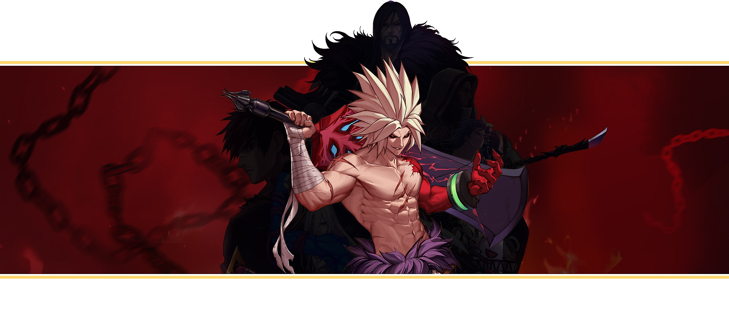 Banner de destaque de DNF Duel baseado na arte do jogo. Um personagem sem camisa apoia uma espada muito grande e larga sobre seu ombro.