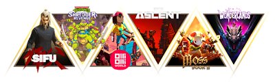 Hero feature lock-up featuring Sifu, Teenage Mutant Ninja Turtles: Shredder's Revenge, OlliOlli World, The Ascent, Moss: Book II and Tiny Tina's Wonderlands.