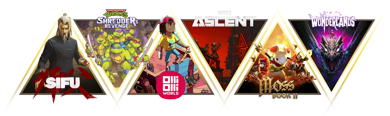 Yhteiskuva, jossa näkyvät pelit Sifu, Teenage Mutant Ninja Turtles: Shredder's Revenge, OlliOlli World, The Ascent, Moss: Book II ja Tiny Tina's Wonderlands.