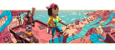 Olli Olli World feature banner based on key from the game; a character holding a skateboard is perched on a high edge above a skating arena.