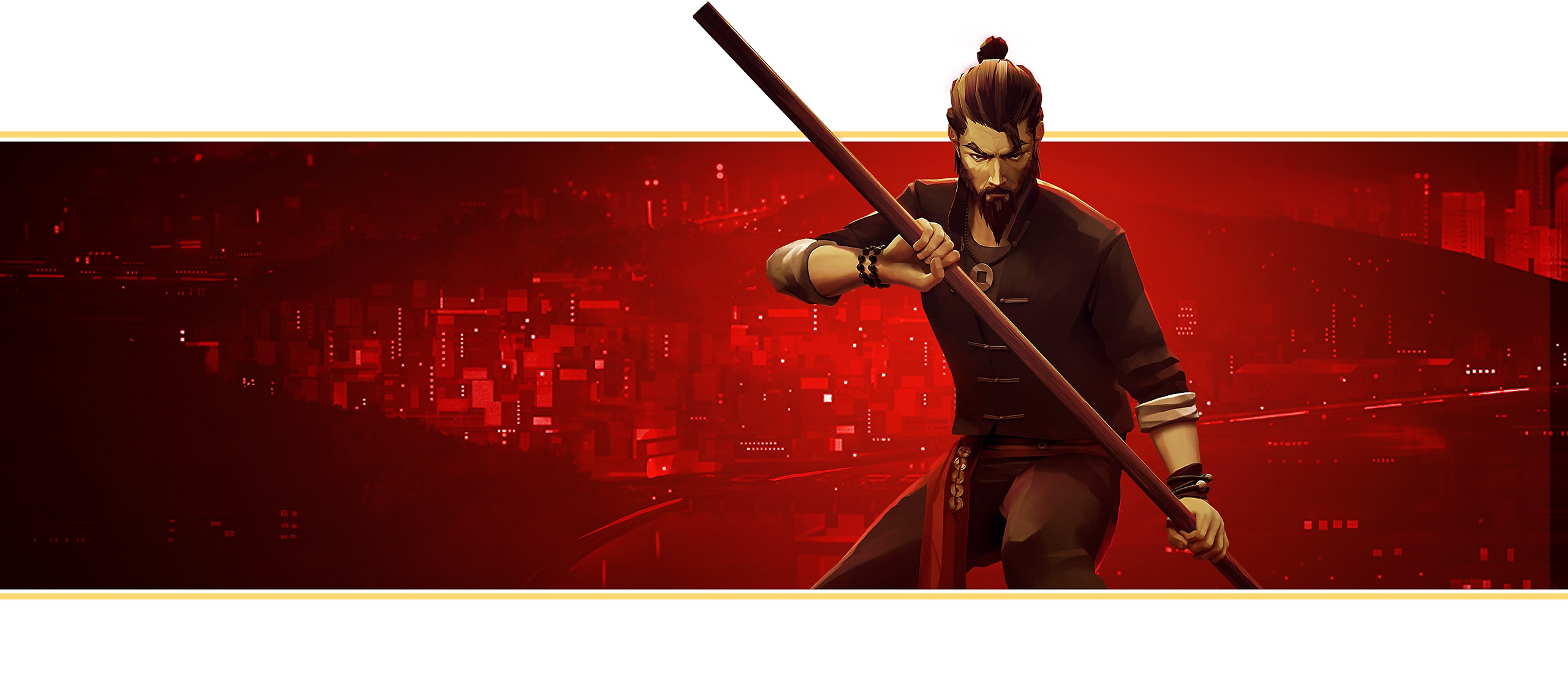 Banner de destaque de Sifu baseado na arte do jogo. O personagem principal, de frente, segura o bastão de madeira com as duas mãos.