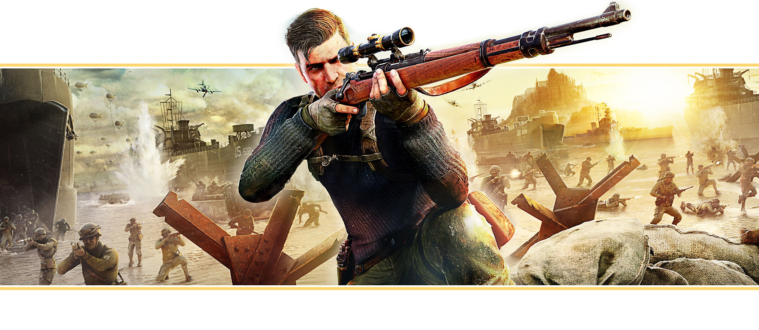 Sniper Elite 5-featurebanner gebaseerd op key-art van de game; het hoofdpersonage kijkt door de loep van een snipergeweer