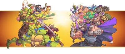 Teenage Mutant Ninja Turtles: Shredder's Revenge feature banner based on key art from the game; the full cast of heroes stand on the left facing off against the full cast of villains on the right.