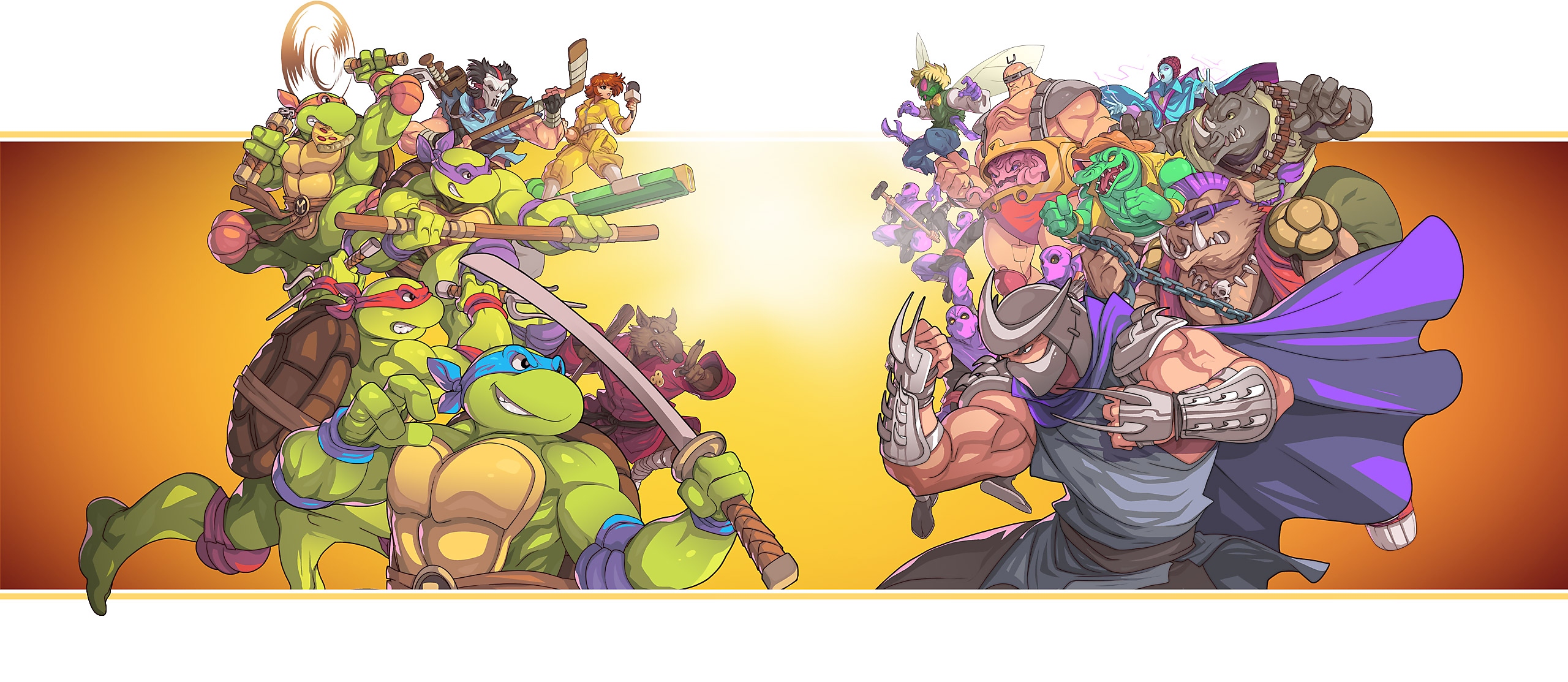 Teenage Mutant Ninja Turtles: Shredder's Revenge – Feature-Banner basierend auf Spielgrafik: Das Heldenteam steht links, während das Team der Bösewichte rechts steht.