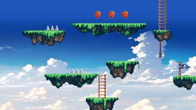 Best 2D platformers artwork showing floating island-style platforms, ladders and strawberries.