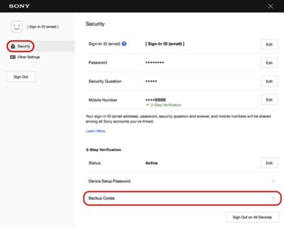 Account management screenshot with a border around the Backup Code UI