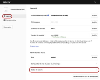 Capture d'écran du menu Gestion du compte avec l'interface des codes de secours délimitée par une bordure