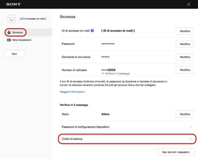 Istantanea della schermata di gestione account con un bordo attorno all'interfaccia utente del codice di backup