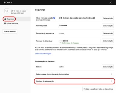 Captura de ecrã da secção Gestão de contas com um limite à volta da IU do código de salvaguarda