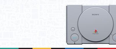 PS1 timeline hero showing original console in close-up