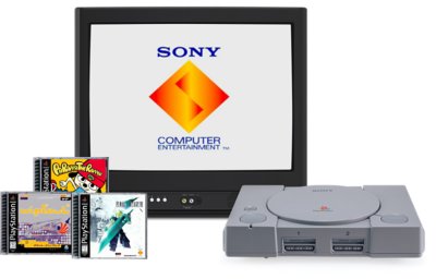 Televisor de tubo con una consola PS1 y 3 juegos