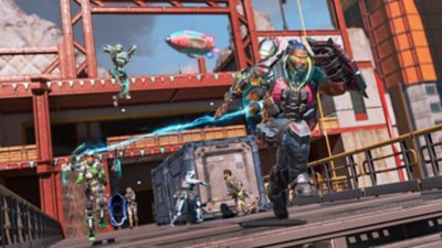 Captura de pantalla de Apex Legends que muestra a un grupo de personajes en pleno combate