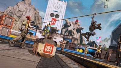 Captura de pantalla de la galería de Apex Legends que muestra personajes corriendo mientras apuntan armas