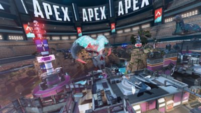 APEX Legends – snímka obrazovky s leteckým pohľadom na arénu