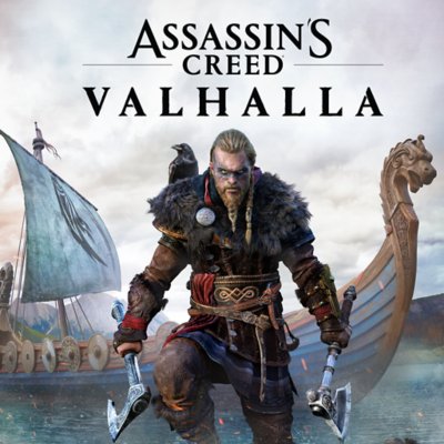 Assassin's Creed Valhalla fő grafika – egy karakter, aki két fejszét tart, és egy hatalmas hajó előtt pózol.