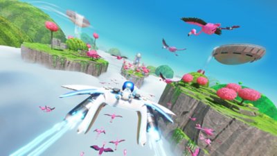 لقطة شاشة للعبة Astro Bot تُظهر Astro يبحر على DualSense في مستوى أخضر مليء بالعشب