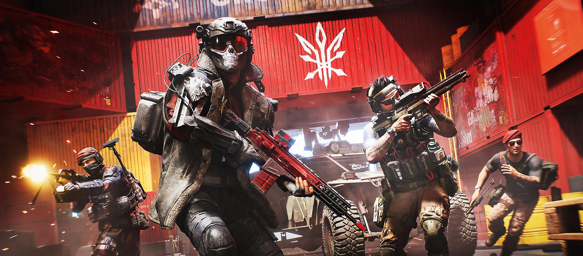 Battlefield 2042 - Arte principal da Temporada 2 mostrando três soldados em frente a contentores de carga