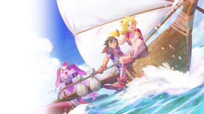 CHRONO CROSS: THE RADICAL DREAMERS EDITION - Illustrazione eroe che mostra tre personaggi su un'imbarcazione