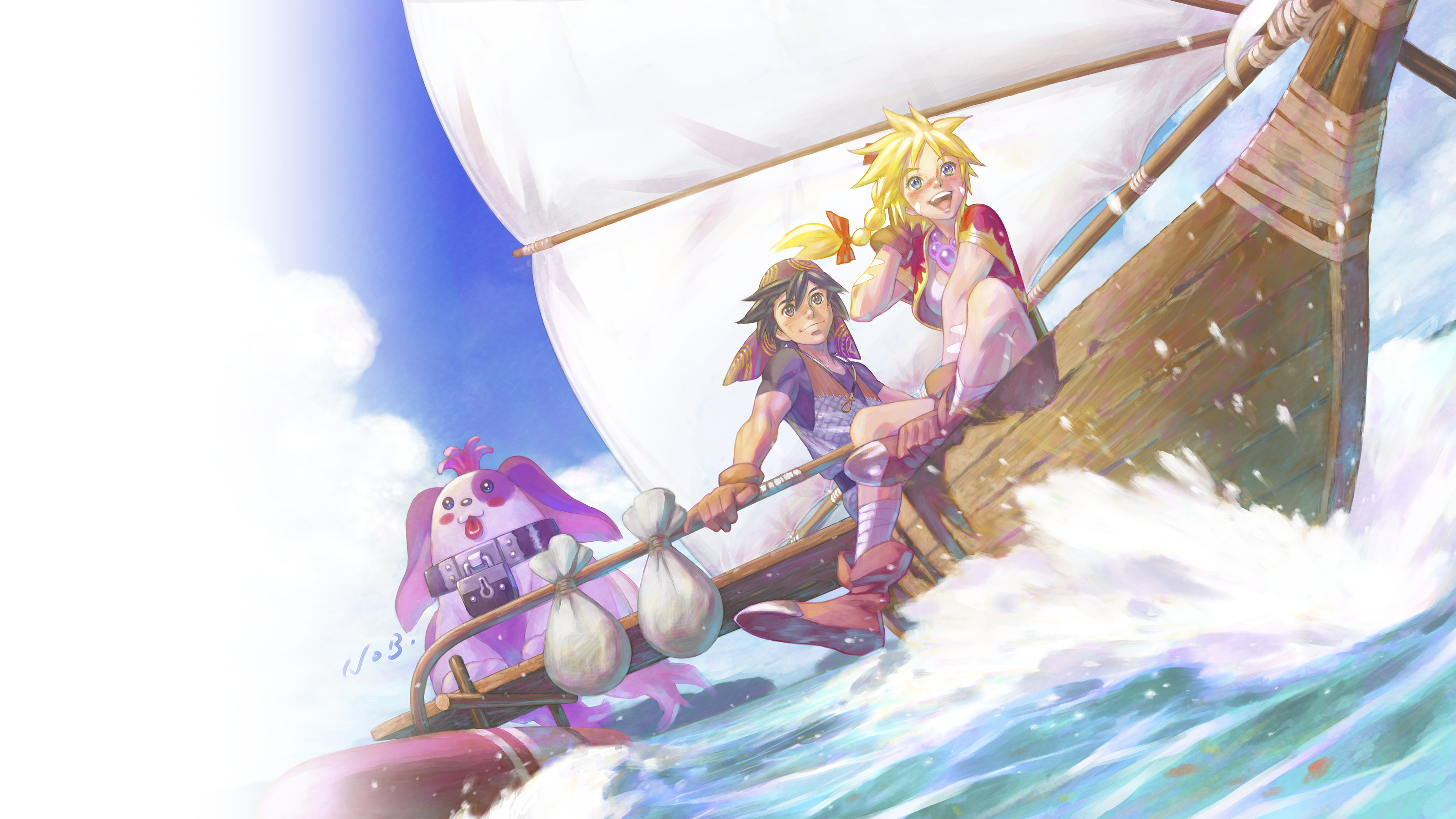 Heldengrafik von Chrono Cross: The Radical Dreamers Edition, die drei Charaktere auf einem Boot zeigt.