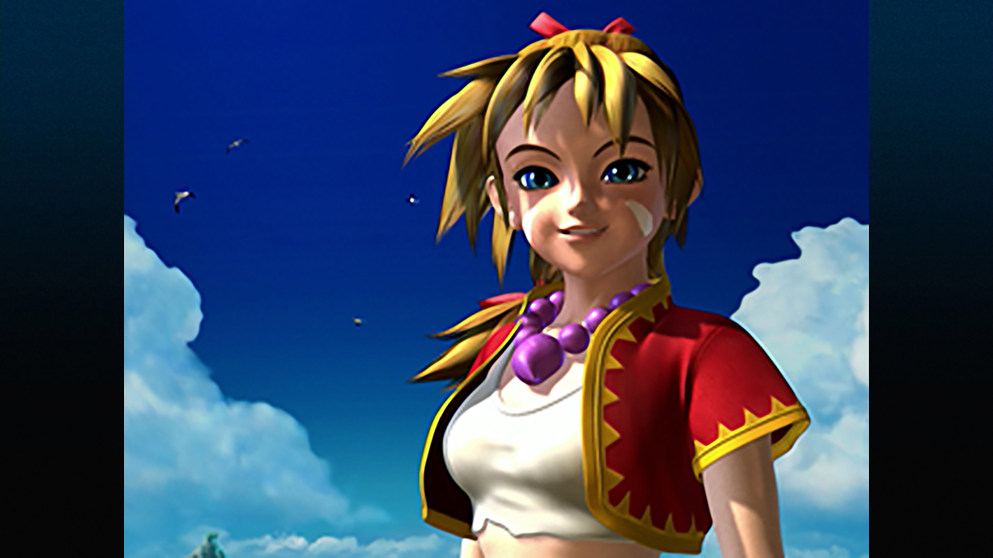 Chrono Cross: The Radical Dreamers Edition-screenshot van een personage met blond haar, in een rood-geel jasje