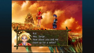 CHRONO CROSS: THE RADICAL DREAMERS EDITION - Istantanea della schermata che mostra un dialogo tra due personaggi in piedi su una rupe