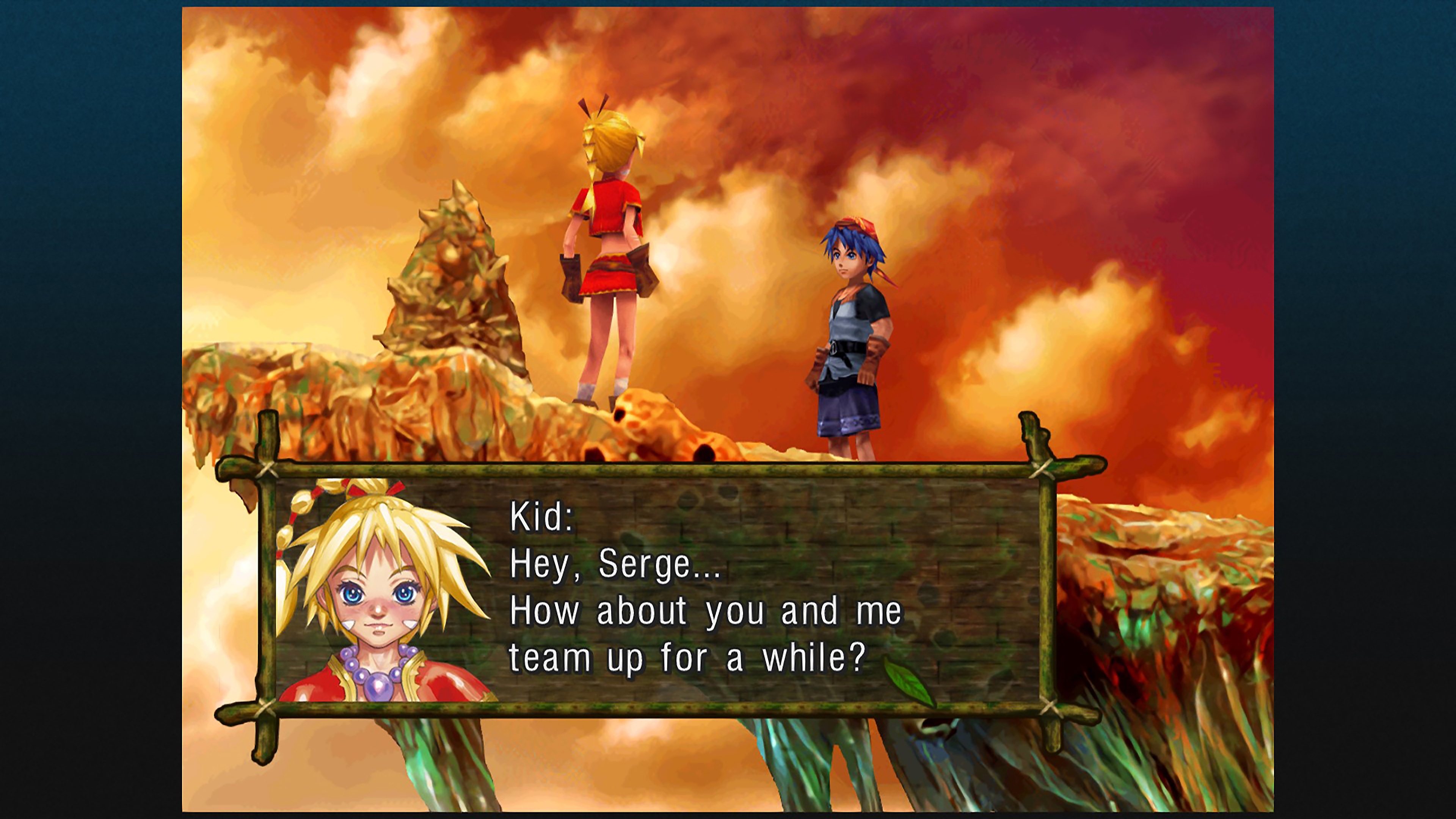 Capture d'écran de Chrono Cross : The Radical Dreamers Edition montrant un dialogue entre deux personnages debout sur une falaise