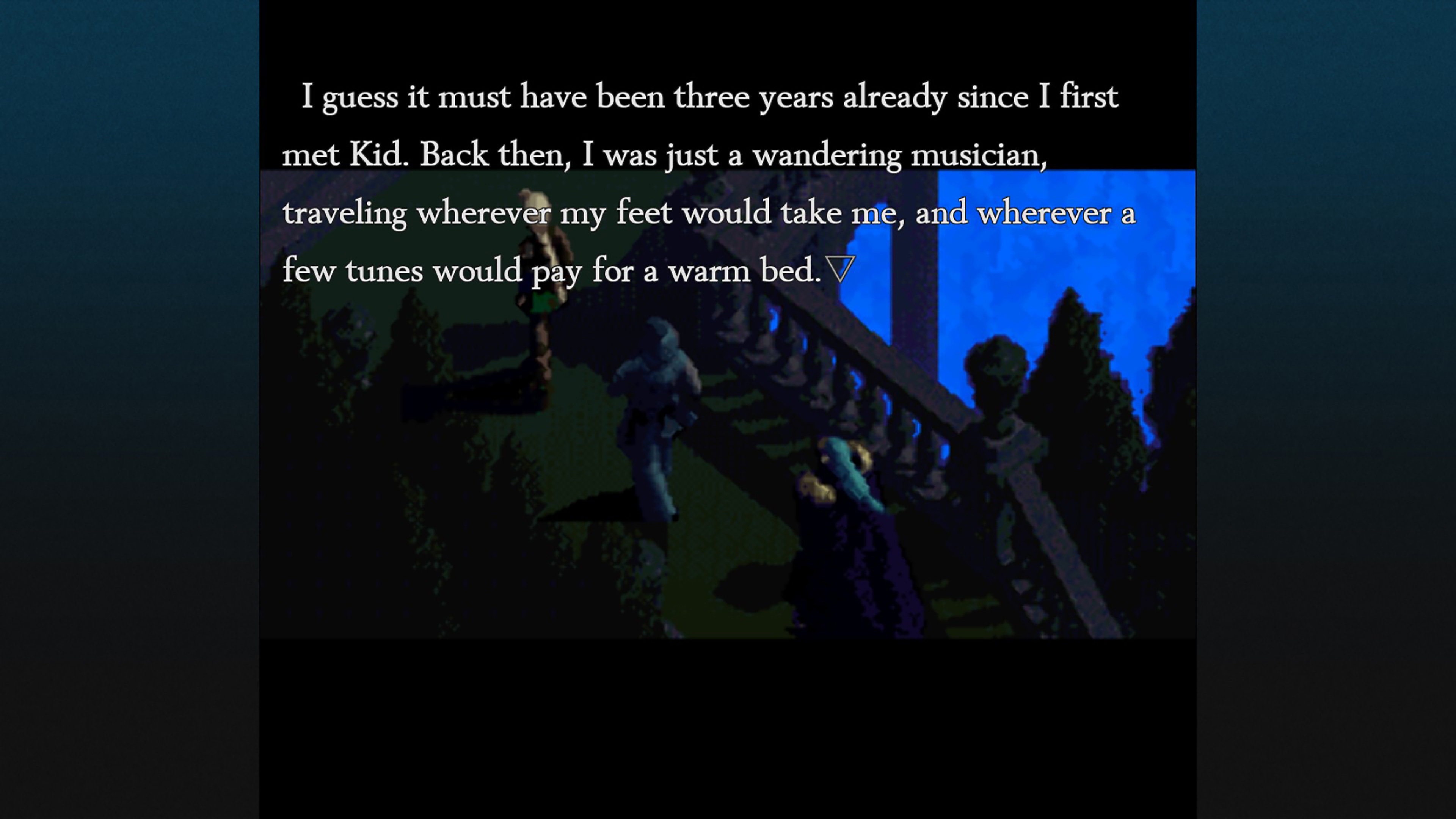 Chrono Cross: The Radical Dreamers Edition-skærmbillede, hvor to figurer taler sammen
