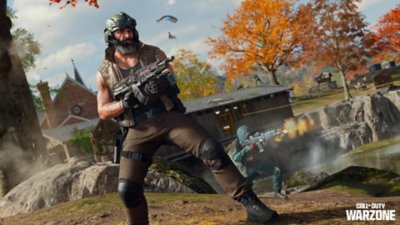 Call of Duty Warzone screenshot showing two Operators opening fire in a park