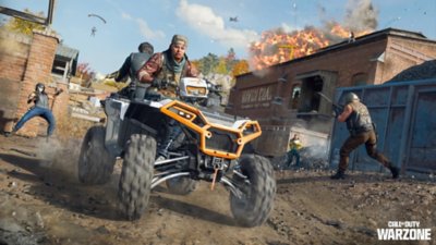 Call of Duty Warzone screenshot showing one Operator driving a quad bike while another Operator at the rear shoots enemies around them.
