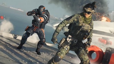 Call of Duty Warzone screenshot showing two operators, one holding a knife while the other aims a firearm