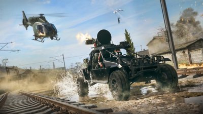 Call of Duty: Warzone – Bild, das zwei Soldaten in einem Buggy zeigt, von denen einer mit einem montierten Geschütz auf einen Hubschrauber schießt